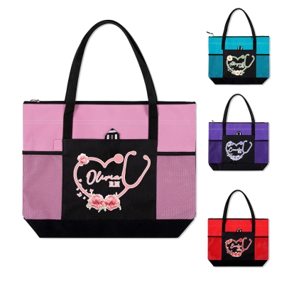 Borsa tote con fiore di nascita con nome personalizzato, borsa in tessuto Oxford con stetoscopio floreale, regalo di apprezzamento/compleanno/laurea per medico/infermiera/studente di medicina