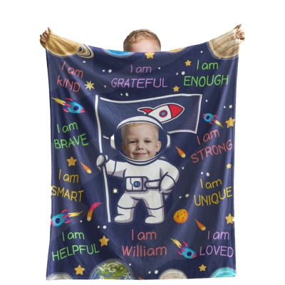 Astronauten-Kinderdecke mit Namen und Foto, Flanell-/Sherpadecke mit Bild, Schulanfang/Kindertag/Geburtstagsgeschenk für Mädchen/Jungen/Kinder