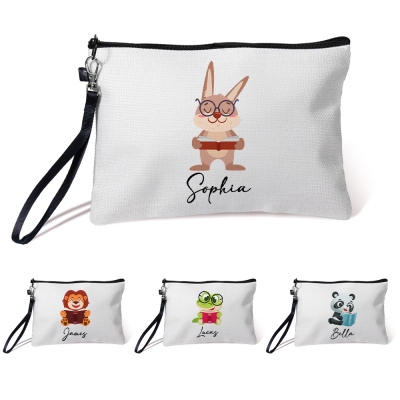 Personalized Name Cartoon Animal Design Cosmetic Bag, Linen Makeup Pouch with Zipper & Wrist Strap, Back to School/Birthday Gift for Students/Girls