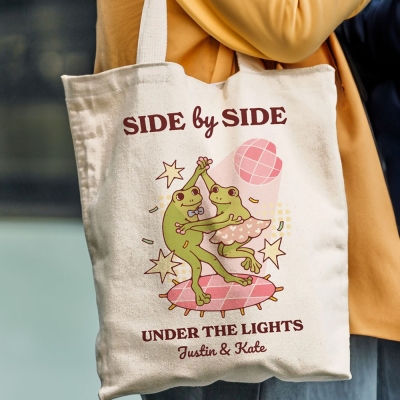 Nom personnalisé Dancing Frog Couple Tote Bag, sac d’épicerie en toile esthétique animale mignonne, cadeau d’anniversaire/de Noël pour ami/amoureux des animaux