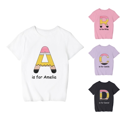 Personalisiertes T-Shirt für Kinder mit Namen, T-Shirt mit Bleistift-Design und Initiale, Unisex-T-Shirt aus Baumwolle für Jugendliche, Geschenk zum Schulanfang für Kinder/Jungen/Mädchen