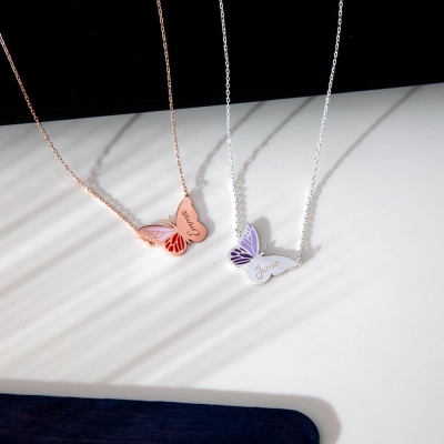 Personalized Name Silver Butterfly Necklace, Dainty Enamel Butterfly Pendant for Women, Minimalist Jewelry