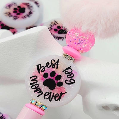 (Set of 2)Dog Mom Focal Bead, Best Dog Mom Silicone Bead, Pet Lover Focal Bead, Keychain Bead, Pawprint Pen Bead, Dog Focals, Glitter Beads