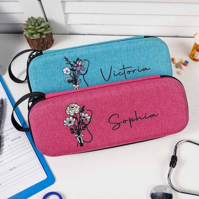 Custom Name Bow Birth Flower Stethoscope Box, Lightweight Stethoscope Case with Mesh Bag, Graduation/Appreciation Gift for Nurse/Doctor/Medical Staff