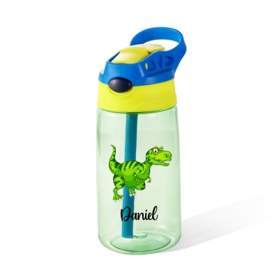 Bouteille d'eau en paille avec nom personnalisé, motif dinosaure et licorne, tasse d'eau portable de 16 oz pour enfant, cadeau de voyage/camping/retour à l'école pour enfant/garçon/fille