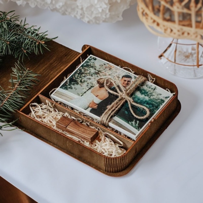 Custom Engraved Wedding Photo Box & USB Flash Drive 3.0, Wooden Box for 4x6 Pictures & Wedding Film Video USB Drive, Wedding Gift for Newlyweds/Couple