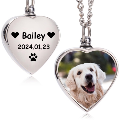 Collana personalizzata con ceneri a forma di cuore con foto di animali domestici, collana con urna commemorativa con nome inciso, gioielli per cremazione, regali di simpatia/ricordo per la perdita di animali domestici/amante degli animali domestici