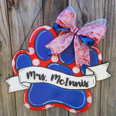 Personalized Paw Print Door Hanger, Teacher Classroom Decor Sign, Dog Paw Last Name Sign, Animal Lover Wall Decor, Custom Dog/Cat Art