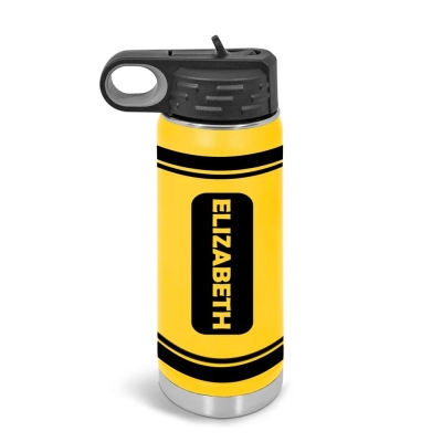 Personalized Kids Crayon Water Bottle Leak Proof, 20oz Insulated Steel Water Bottles, Name on Bottle Many Colors & Sizes