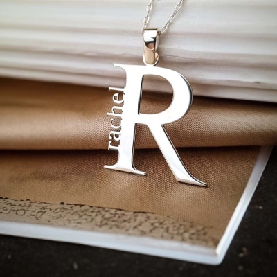 Personalized Large Initial Name Charm Necklace, Minimalist Sterling Silver 925 Sideways Name Jewelry, Birthday/Anniversary Gift for Mom/Girlfriend/Her