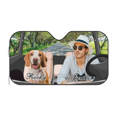 Pare-soleil personnalisé avec portrait d'animal de compagnie et de propriétaire, pare-soleil pliable pour voiture avec photo et nom personnalisés, cadeau de voyage/camping pour amoureux des animaux/maman de chien/amoureux des chats