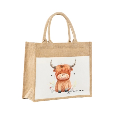 Personalized Name Highland Cow Floral Tote Bag, Large Capacity Jute Bag, Birthday/Christmas/Mother's Day Gift for Friend/Wife/Mom/Highland Cow Lover