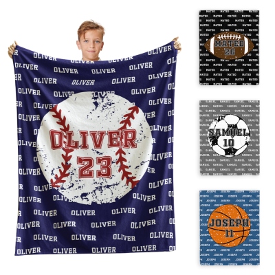 Personalized Basketball/Football/Baseball/Soccer Sport Theme Soft Blanket with Number and Name, Birthday Team Gift for Athletes Ball Sport