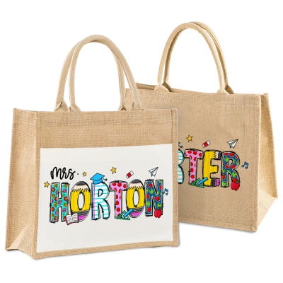 Nom personnalisé Crayon Apple Ruler Design Sac fourre-tout pour enseignant, sac à main en jute/coton de grande capacité, retour à l'école/fin d'année/cadeau d'appréciation pour les enseignants