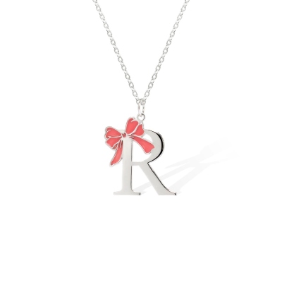 Personlig initial kokettbågehalsband, rosa rosett Minimalistisk Sterling Silver 925 smycken, födelsedags-/julpresent till kvinna/flicka/henne