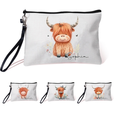 Personligt namn Highland Cow Floral kosmetisk väska, linne sminkväska med handledsrem, mors dag/födelsedagspresent till mamma/vän/Highland cow älskare