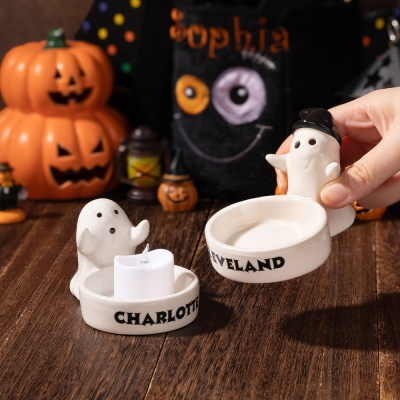 Personalisierter süßer Halloween-Geister-Kerzenhalter, Lustiger Kerzenhalter aus Keramik, Halloween-Wohndekoration, Halloween-Geschenk für Kind/Freund/Familie