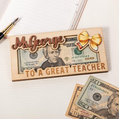 Personalized Teacher Money Holder, Custom Message Pencil Bow Apple Latte Design Wooden Money Box, Appreciation Week/End of Year Gift for Teachers