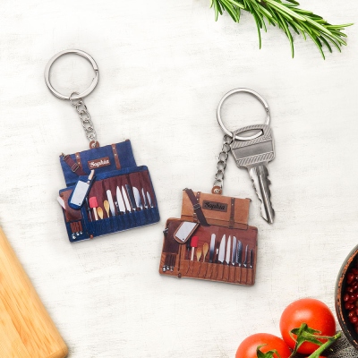 Gepersonaliseerde schattige mini chef-kok gereedschapstas sleutelhanger met naam, aangepaste chef-kok messen sleutelhanger, chef-accessoire, cadeau voor koken minnaar/chef-kok/foodie