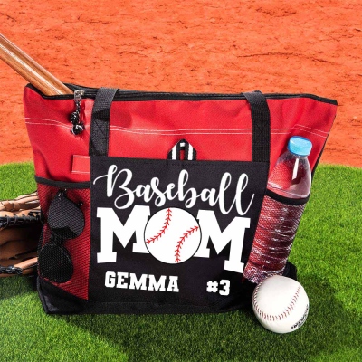 Custom Name & Number Baseball/Softball Mom Tote Bag, Oxford Cloth Tote Bag with Mesh Pocket, Birthday/Mother's Day Gift for Softball/Baseball Mom