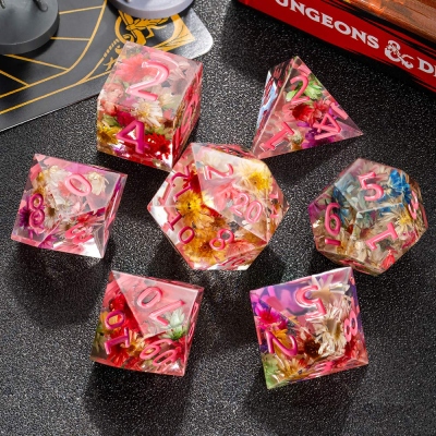 Pink Flower Dice Set, Pink Dice, Resin Sharp Edge Dice Set, DND Dice Set, Galaxy Dice, Space Dice, Polyhedral Dice Set, Dice Gift, DND Gifts