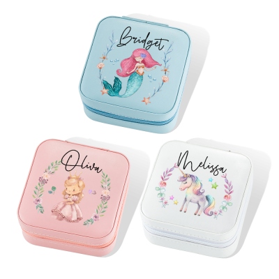 Personalized Name Watercolor Cartoon Pattern Jewelry Box, PU Leather Travel Jewelry Case, Children's Day/Birthday/Christmas Gift for Teen Girls