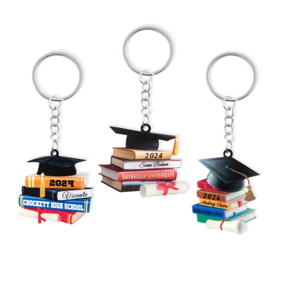 Porte-clés personnalisé avec chapeau de remise de diplôme et livres, porte-clés en acrylique avec nom de diplômé personnalisé, souvenir de remise de diplôme, cadeau pour lycée/collège/diplôme