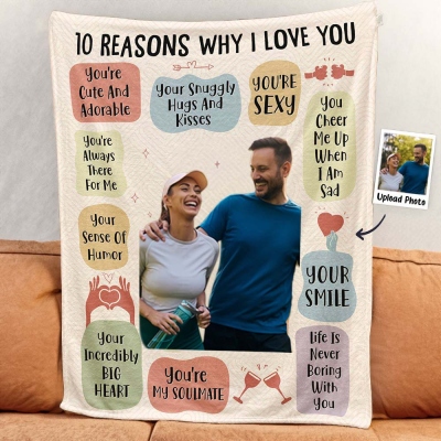 Personalized Couple Photo Blanket, 10 Reasons Why I Love You Flannel Blanket, Home Decor, Anniversary/Valentine's Day Gift for Him/Her/Lover/Couple