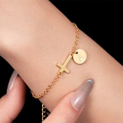 Bracelet Femme Plaqué Or 14k Avec Croix Et Lettres Personnalisables - Longueur Réglable (16+5 Cm), Cadeau Baptême