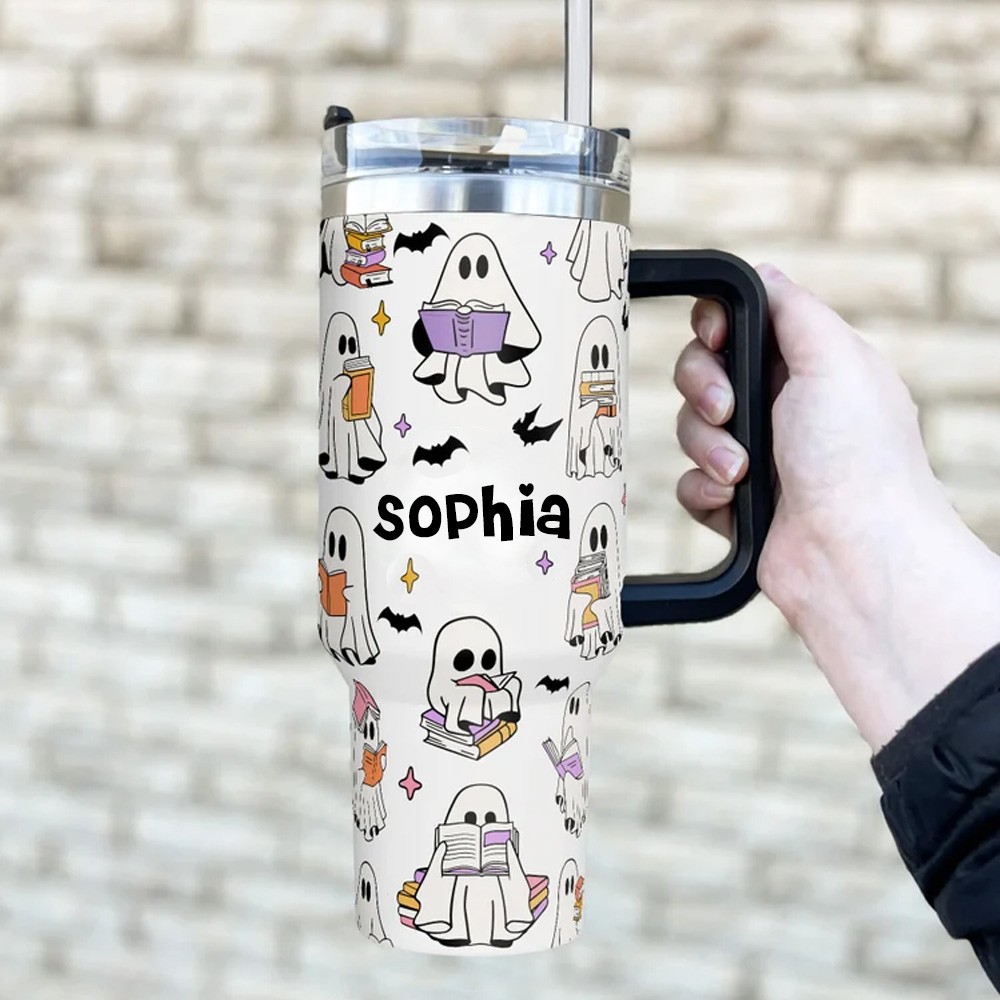 Personalized Name Ghost Reading Tumbler 40oz With Handle, Funny Halloween Ghost Tumbler, Cute Spooky Tumbler With Lid and Straw, Halloween Bookish Gift
