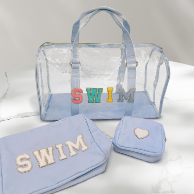 Sac de plage transparent avec patchs monogrammes personnalisés, sac de sport imperméable en PVC avec 2 pochettes, accessoires de voyage, cadeau d'anniversaire/de Noël pour elle/amis