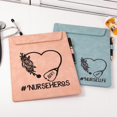 Personalized Heart Stethoscope Clipboard with Flower, Custom Name Leather Magnetic Portfolio, Appreciation Gift for Nurse/Doctor/Medical Staff