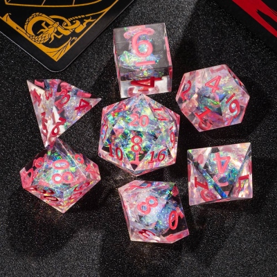 Transparent Glitter Pink Dice, Transparent Dice Set, Glitter Dice Set, Resin Dice Set, Pink Dice Set, Polyhedral Dice Set, Resin Sharp Edge Dice DND, Dice Gifts, DND Gifts