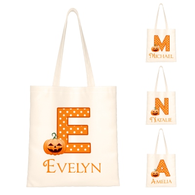 Sac fourre-tout personnalisé avec initiale et nom, motif citrouille d'Halloween, sac à main en toile de grande capacité, cadeau d'Halloween pour garçons/filles/enfants