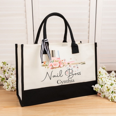 Personalized Name Nail Artist Tote Bag, Large Capacity Nail Salon Canvas Bag, Weekend Travel Bag, Gift for Manicurist/Beautician/Nail Art Lover