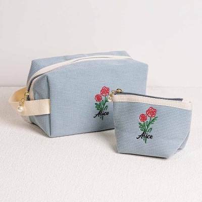 Personalized Name & Birth Flower Corduroy Makeup Bags, Custom Embroidery Cosmetic Bag, Birthday Gift for Women, Bridesmaid Gifts Bag