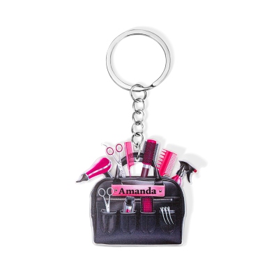 Personalisierter Name Hairstylist Tools Acryl Schlüsselanhänger, Haartrockner Schere Kämme Charm Schlüsselanhänger, Taschenaccessoire, Geschenk für Friseur/Friseur/Kosmetiker