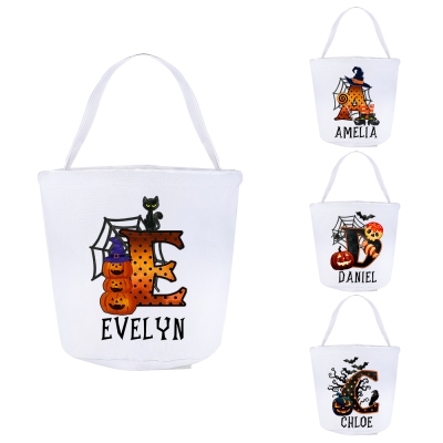 Custom Name & Initial Pumpkin Halloween Trick or Treat Bucket, Canvas Kid's Candy Basket Tote Bag with Handle, Halloween Gift for Boys/Girls/Kids