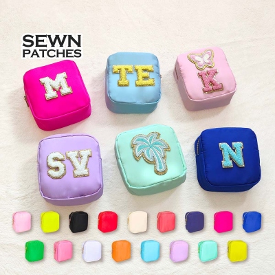 Personalized Initial Sewn Patches Small Cosmetic Bag, Makeup Nylon Bag, Custom Pouch Chenille Patch, Customized Travel Case Toiletry Spf Bag, Bride Gift
