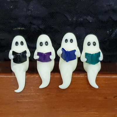 Pet Ghost Reading a Book, Miniature Shelf Sitter Figurine, Handmade Halloween Decoration, Spooky Cute Glow in the Dark