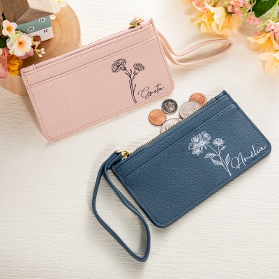 Porte-carte zippé personnalisé avec fleur de naissance avec nom, porte-monnaie en cuir végétalien monogramme, portefeuille pour femme, cadeau de fête des mères/demoiselle d'honneur pour femme