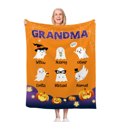 Personlig designfilt för spökpumpa med barnnamn, mjuk flanell/sherpafilt, halloweenfestfavorit, halloweenpresent till mamma/mormor/vänner