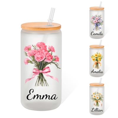 Personalized Name & Birth Flower Glass Cup, 20oz Bouquet Frosted Tumbler with Bamboo Lid and Straw, Birthday/Christmas Gift for Wife/Girlfriend/Mom