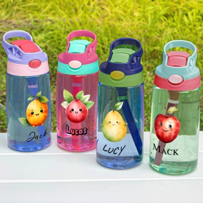 Personalisierte süße Wasserflasche mit Fruchtstrohhalm zum Geburtsmonat, 16oz Kinderbecher mit Henkel, Schulanfang/Geburtstagsgeschenk für Kleinkinder/Kinder