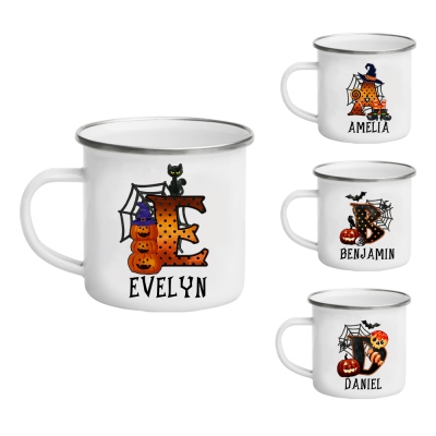 Emaille-Tasse mit personalisiertem Namen und Initialen im Kürbis-Fledermaus-Design, 11oz Halloween-Wasserbecher, bruchsichere Tasse mit Henkel, Halloween-Geschenk für Jungen/Mädchen/Kinder