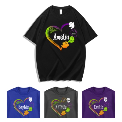 Personalized Names Halloween Ghost Shirt with Heart, Multicolor T-Shirt/Sweatshirt/Hoodie, Family Party Favor, Halloween Gift for Mom/Grandma/Wife