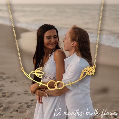 Collier double Vénus personnalisé avec 2 fleurs de naissance, collier lesbien minimaliste en argent sterling 925, cadeau d'anniversaire/Saint-Valentin pour couple lesbien