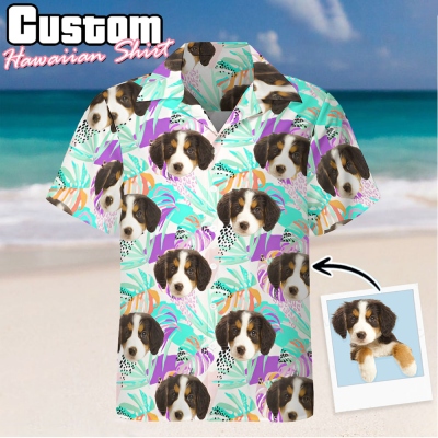 Personalisiertes lustiges Familienfoto Gesicht Hawaiihemd, Hund Katze Haustier Gesicht Urlaub Tropisches Muster Druck Bild auf einem Shirt, Sommergeschenk für Mann/Frau/Kind