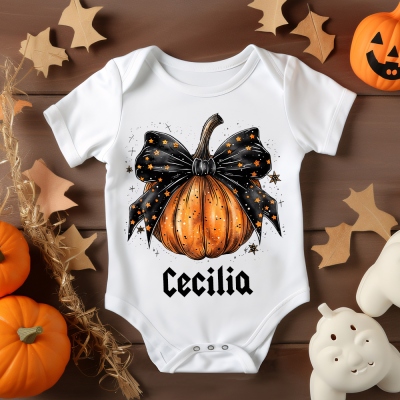 Personalized Name Halloween Pumpkin Bow Design Baby Romper, 100% Cotton Unisex Baby Onesie, Halloween Costume, Halloween Gift for Newborn/Infants