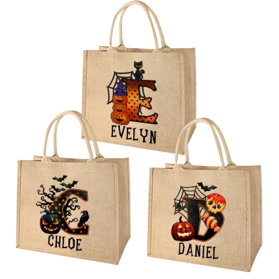 Personalized Name & Initial Halloween Pumpkin Bat Design Tote Bag, Trick or Treat Jute Bag, Large Capacity Handbag, Halloween Gift for Family/Children